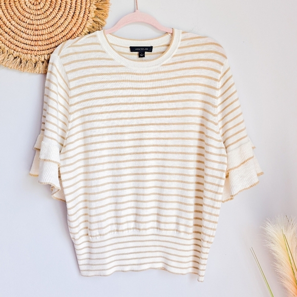 Ann Taylor New Coastal Striped Linen Blend Ruffle Sleeve Knit Top Size Large - Picture 13 of 13